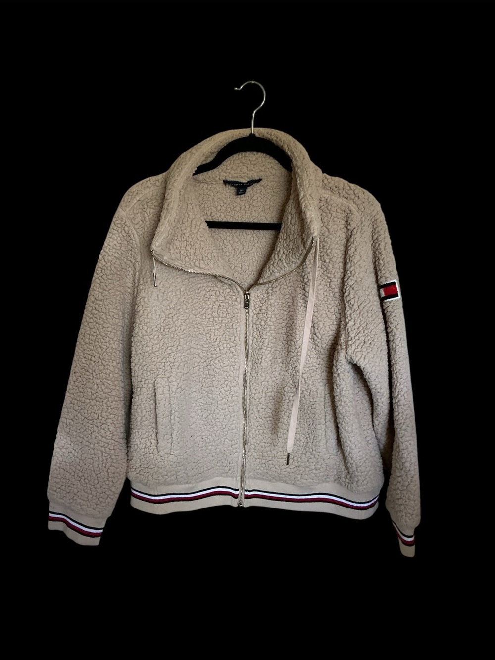 Tommy Hilfiger Cream Teddy Sherpa Zip Jacket with Stripe Trim